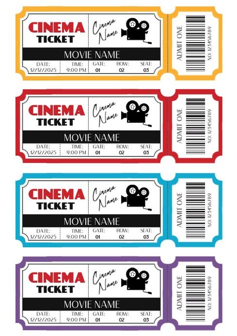 Cinema Tickets Printable Template | PosterMyWall Cinema Tickets Printable, Movie Party Printables Free, Free Printable Movie Tickets, Movie Ticket Template Free Printables, Movie Ticket Printable Free, Printable Movie Tickets Templates Free, Movie Night Printables Free, Movie Night Tickets Free Printable, Cinema Ticket Printable