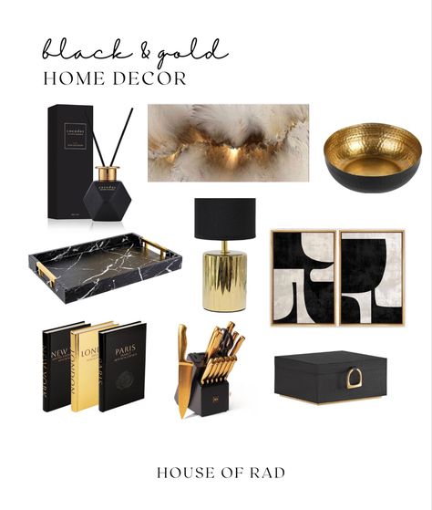 Black and gold home decor Black and gold table lamp Black and gold bowl Black air diffuser Black and gold book stack Black and gold coffee table books Black and gold knife block Black and gold wall art Black and white wall art Black marble tray Follow my shop @houseofrad on the @shop.LTK app to shop this post and get my exclusive app-only content! #liketkit #LTKhome @shop.ltk https://liketk.it/4gkv2 Black Gold White Bedroom Ideas, Black White And Gold Apartment Decor, Black And Gold Entryway, Black And Gold Office Decor, Black And Gold Office Ideas, Gold Apartment Decor, Black And Gold Room, Black And Gold Coffee Table, Home Decor Black And Gold