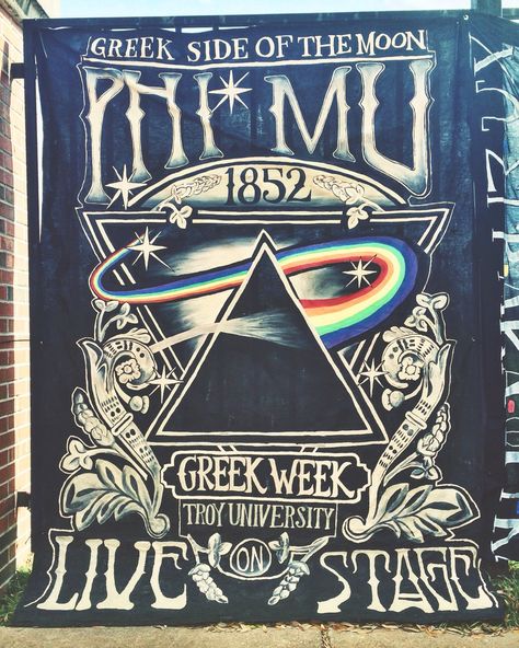 Troy University Greek Week 2016 - Phi Mu banner Greek Week Theme, Phi Mu Crafts, Sorority Socials, Kappa Alpha Order, Fraternity Rush Shirts, Troy University, Sorority Banner, Greek Week, Tri Sigma