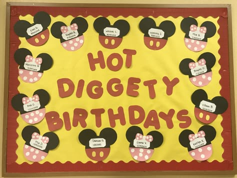 Mickey/Minnie Hot Diggety Birthday Board ! 🎂 Mickey Mouse Daycare Theme, Birthday Boards For Infant Room, Birthday Board Infant Classroom, Mickey Mouse Birthday Board, Mickey Mouse Birthday Bulletin Board, Mickey Mouse Birthday Board Classroom, Disney Birthday Wall Ideas For Classroom, Infant Room Daycare Birthday Board, Birthday Wall Ideas For Daycare