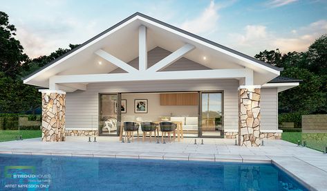 Pool House Studio, Stroud Homes, Large Porch, Backyard House, Facade Ideas, Pool Colors, Duplex House Design, House Studio, Pool Pump