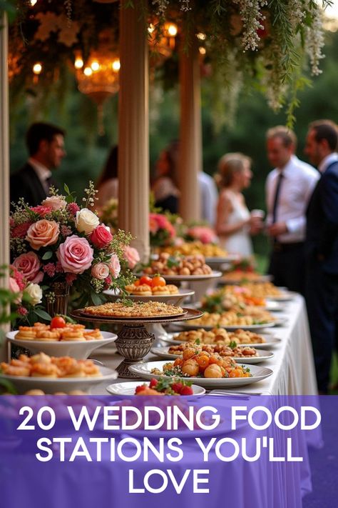 Did you know that wedding food stations are the hottest trend to spice up your big day? Imagine gourmet cheese platters, exotic sushi bars, and interactive dessert stations that keep your guests mingling and munching all night long. Discover how to turn your wedding reception into a culinary experience your guests won't stop talking about! Uncover tips, ideas, and must-see setups that will turn your event into a feast for the senses. Lunch Wedding Food, Wedding Bar Food Ideas, Food Stations For Weddings, Wedding To Go Food Boxes, Appetizer Station Ideas, Southern Wedding Food Ideas, Wedding Sliders Station, Food Ideas For Wedding Reception Budget, Wedding Bars Food