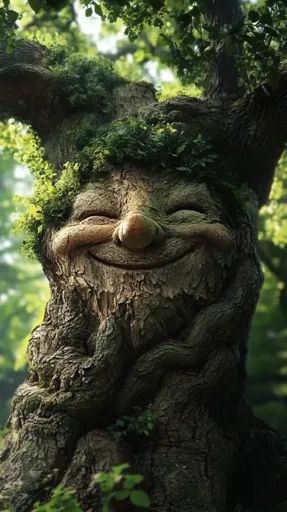 ↑↑↑ Larger size on website 🔸 The image shows a close-up of a tree trunk that has been shaped to resemble a smiling face. The tree Tree People, Round Nose, Tree Faces, Tree Spirit, Closed Eyes, Art Creativity, Art Idea, Fairy Houses, Green Foliage