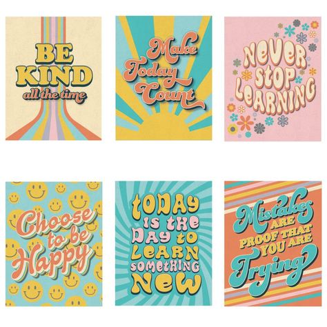 Give your space a retro vibe with these posters featuring positive messaging and retro designs. Great for 60s or 70s themed parties or other celebrations, these cool posters also look great as classroom decorations that will add a little positivity to the space. Add these wall decorations to any space to make the area a little groovier. Cardstock. (6 pcs. per unit) 16" x 20 3/4" © OTC"These posters are the perfect addition to my groovy classroom decor! They are a great size and take up the perfe 70s Groovy Classroom, 70s School Theme, 70s Classroom Theme, Hippie Classroom Theme, Groovy Retro Classroom Theme, 70s Classroom Decor, Hippie Classroom, 70s Classroom, Disco Classroom