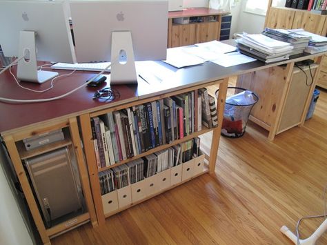 IKEA Hackers: Ivar Studio Desk    I luv this idea will be doing it :) Diy Large Desk, Ivar Corner, Ivar Desk, Ivar Studio, Glass Top Kitchen Table, Corner Booth Kitchen Table, Ivar Ideas, Kitchen Cabinet Doors Only, Ivar Shelving