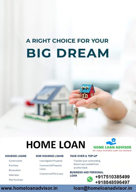 What is Home Loan? Home loan is a form of secured loan that is availed by a customer to purchase a house. The property can be an under-construction or a ready property from a developer, purchase of a resale property, to construct a housing unit on a plot of land, to make improvements and extensions to an already existing house and to transfer your existing home loan availed from another financial institution to HDFC. A housing loan is repaid through equated monthly installments (EMI) Home Loan Poster, Home Loan Advertising, Home Loan Creative Ads, Loan Creative Ads, Loan Ads, New Love Pic, What Is Home, Loans For Poor Credit, Loan Money