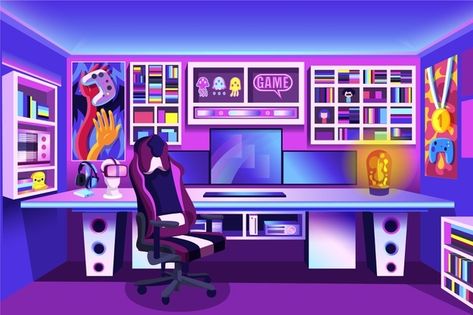 Detailed gamer room illustration Premium... | Premium Vector #Freepik #vector #computer #room #desk #illustrations Computer Club, Room Illustration, World Radio, Flat World, Easter Illustration, Video Game Room Design, Japanese Temple, Music Festival Poster, Computer Room