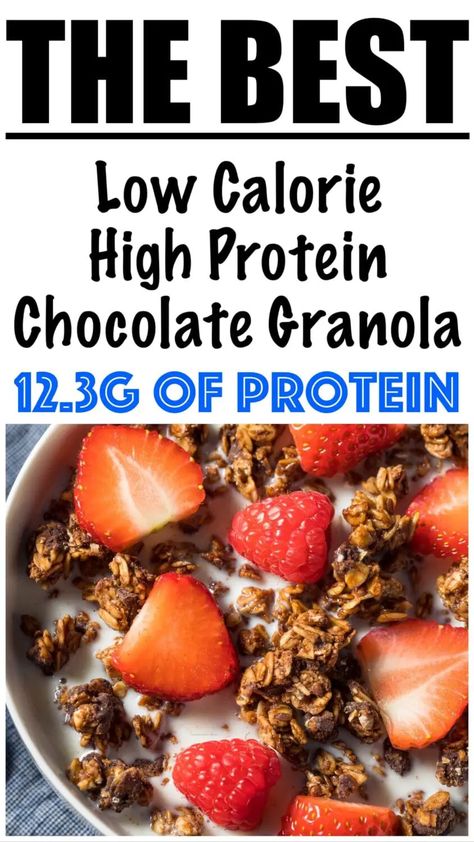 Low Calorie High Protein Chocolate Granola Recipe Granola Recipe Protein, Healthy Protein Granola, Low Calorie Granola Recipe, High Protein Granola Recipe, Low Calorie Cereal, Low Calorie Granola, Protein Granola Recipe, Low Calorie High Protein Snacks, Granola Calories