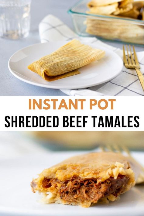 Beef Tamales cooked in the Instant Pot in half the time. Along with masa made with bacon drippings and filled with a flavorful shredded beef. Recipe on ThaiCaliente.com Beef Tamales Recipe Easy, Instant Pot Tamales Cook Time, Shredded Beef Tamales, Tamales Authentic Mexican Beef, Beef Tamale Filling Recipe, Tamales Recipe Instant Pot, Beef Tamales Recipe Homemade, Instapot Tamales, Tamales Recipe Beef