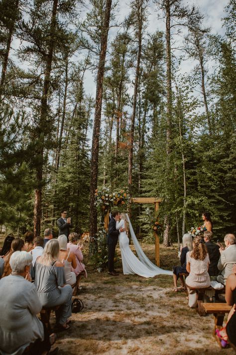 Adorably Elegant Camp Wedding | Junebug Weddings Off Grid Wedding Reception, Backyard Wedding Mountains, Small Forest Wedding Ideas, Cabin Wedding Aesthetic, Outdoor Camp Wedding, Pnw Outdoor Wedding, Cabin Elopement Small Weddings, Backyard Woods Wedding, Camping Wedding Dress