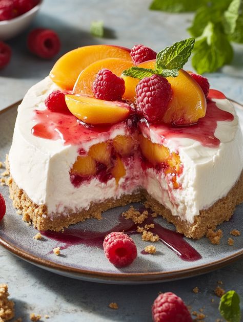 Summer Bliss Peach and Raspberry Cheesecake Delight 🍰🍑  Dive into a slice of paradise with our Summer Bliss Peach and Raspberry Cheesecake Delight—freshness in every bite! 🌞✨  𝗜𝗻𝗴𝗿𝗲𝗱𝗶𝗲𝗻𝘁𝘀: For the Crust: 1 1/2 cups crushed digestive biscuits 🍪 1/3 cup unsalted butter, melted 2 tablespoons granulated sugar  𝗙𝗼𝗿 𝘁𝗵𝗲 𝗖𝗵𝗲𝗲���𝘀𝗲𝗰𝗮𝗸𝗲 𝗠𝗶𝘅𝘁𝘂𝗿𝗲: 4 cups cream cheese, softened 1 cup granulated sugar 2 teaspoons pure vanilla extract 4 large eggs 🥚 1 cup sour cream 🥄 Cheesecake Deserts, Cheesecake Delight, Cheesecake Mixture, Peach Cheesecake, Pastries Recipes Dessert, Fruit Cheesecake, Dessert Recipies, Night Food, Digestive Biscuits