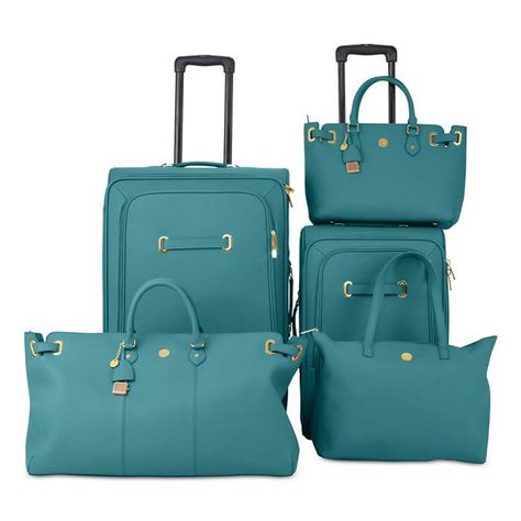 Crafted from rich Saffiano leather, Joy Mangano’s Christie Teal  Leather Luggage raises the bar on style and organization. The sleek spinner suitcases features Spinball wheels, and removable … Leather Luggage Set, Cute Suitcases, Travel Bag Set, Cute Luggage, Stylish Luggage, Teal Leather, Travel Bag Organization, Mode Abaya, Suitcase Set