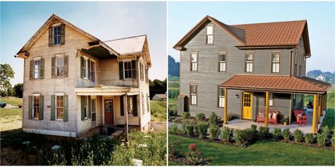 Farmhouse Remodel Exterior, Old Farmhouse Exterior, Old Farmhouse Remodel, Green House Exterior, Home Financing, Home Exterior Makeover, American Farmhouse, American Houses, Farmhouse Remodel