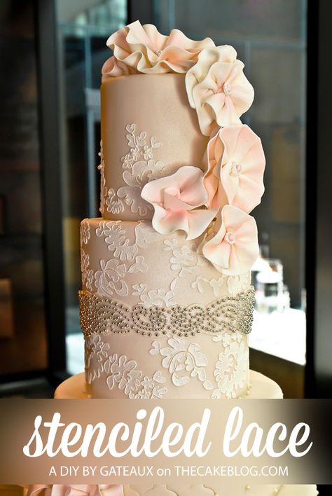 Stenciled Lace Cake Tutorial  |  by Gateaux Inc  |  TheCakeBlog.com Dessert Art, Lace Cake, Lace Wedding Cake, Tiered Cake, Cake Blog, Cake Stencil, Pastry Art, Cake Lace, Fondant Cupcakes