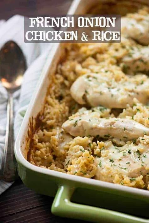 Chicken and Rice Casserole - Creamy French Onion | Buns In My Oven Chicken Rice Cream Of Mushroom, Rice Cream Of Mushroom, Rice Cream, Chicken And Rice Casserole, Creamy Chicken And Rice, Chicken Rice Casserole, Lipton Onion Soup Mix, French Onion Chicken, Rice Casserole Recipes