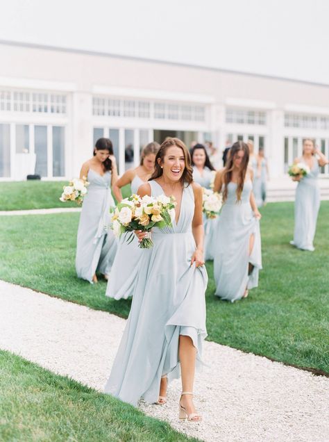 Late summer wedding at Belle Mer in Newport, Rhode Island via Magnolia Rouge Neutral Blue Bridesmaid Dresses, Periwinkle Bridesmaids Dresses, Summer Bridal Party Colors, Mist Blue Bridesmaid Dresses, Mist Blue Wedding, Mist Bridesmaid Dresses, Bridesmaid Dresses Summer, Summer Bridesmaids, Late Summer Wedding