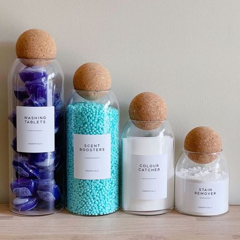 Glass Storage Jars Bathroom, Storage Jars Ideas, Minimalist Label, Cork Ball, Bathroom Jars, Up Craft, Kitchen Ingredients, Dream Laundry Room, House Organisation