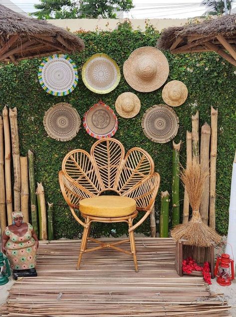 Traditional Backdrop Decoration, Bamboo Backdrop, Traditional Backdrop, African Wedding Theme, Photoshop Backgrounds Backdrops, African Theme, Green Wall Decor, Traditional Wedding Decor, Beach Themed Party