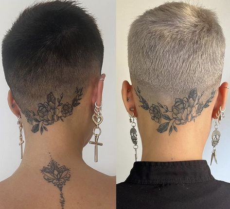 Back Of The Head Tattoo For Women, Tattoo On Head For Women, Back Of Neck And Head Tattoo, Scalp Tattoos For Women, Back Hairline Tattoo, Head Tattoos Women Bald, Undercut Tattoo Women, Women Head Tattoo, Shaved Head Tattoo