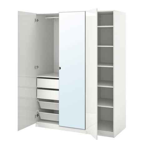 PAX / FARDAL/VIKEDAL Wardrobe combination - high gloss white/mirror glass - IKEA Open Dresser, Dressing Ikea, Powder Coating Wheels, Pax Planner, Armoire Ikea, Armoire Pax, Pax System, Integrated Lighting, Corner Wardrobe