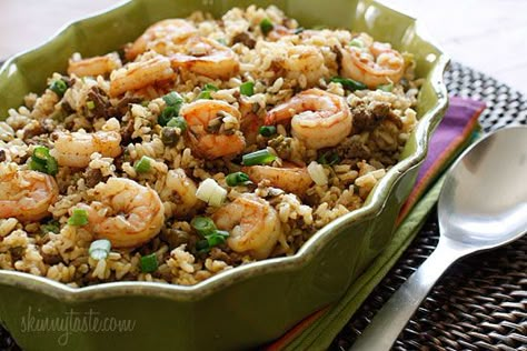 Dirty Brown Rice with Shrimp Rice And Shrimp, Rice With Shrimp, Dirty Rice, Shrimp And Rice, Shrimp Fried Rice, Skinny Taste Recipes, Cajun Recipes, Rice Dishes, Seafood Dishes