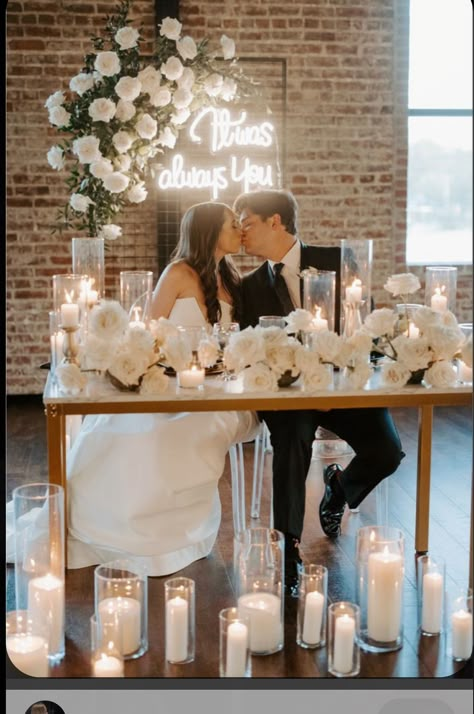 Champagne Head Table Wedding, Behind Head Table Wedding Reception, Indoor Sweetheart Table Wedding, Neon Sign At Wedding Reception, Bride And Groom Table Sign, Neon Sign Ideas For Wedding, Minimalist Wedding Sweetheart Table, Minimalist Wedding Head Table, Sweetheart Table Wedding With Candles