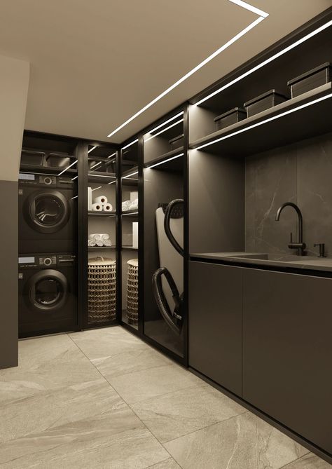 Industrial Modern Laundry Room, Laundry Room Modern Luxury, Cool Home Ideas Creative Unique, Store Room Ideas For The Home, Luxury Utility Room, Luxurious Laundry Room Ideas, Big House Interior Design, Laundry Room Inspo Modern, Dream Utility Room