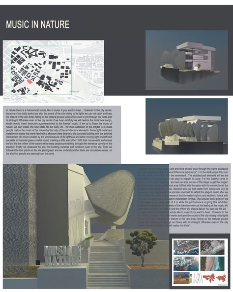 Music Concept Architecture, Music In Nature, Nature Interior Design, Sustainable Architecture Concept, Music Institute, Architecture Design Presentation, Architecture Competition, Writing Competition, Concrete Building