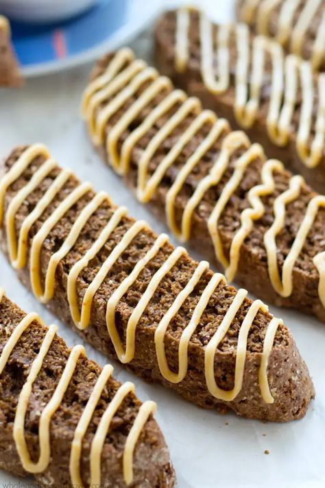 Chocolate Biscotti with Peanut Butter Cream Cheese Glaze Peanut Butter Glaze, Peanut Butter Cream Cheese, Chocolate Biscotti, Meltaway Cookies, Peanut Butter Icing, Peanut Butter Cream, Almond Biscuits, Butter Glaze, Coffee Bread