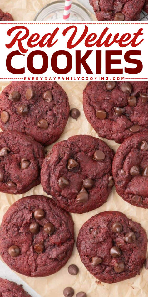 Red velvet cookies are filled with sweet chocolate flavor and are bright red in color. Perfect for Christmas and Valentine's Day! Redvelvet Cookies Recipe, Red Velvet Cake Cookies Recipe, Holiday Brunch Ideas Christmas, Brunch Ideas Christmas, Dishes For Christmas Dinner, Holiday Brunch Ideas, Red Velvet Chocolate Chip Cookies, Air Fryer Cookies, Dishes For Christmas