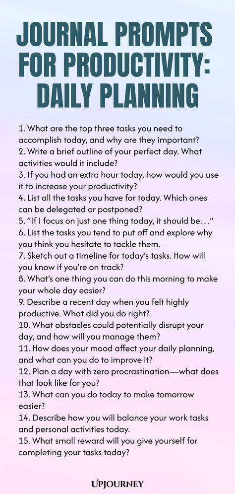 Improve your daily productivity with these effective journal prompts for daily planning. Organize your day, set priorities, and boost your efficiency with these thoughtfully curated prompts. Enhance time management skills and make the most of each day by integrating these prompts into your routine. Stay focused, motivated, and on track towards achieving your goals by utilizing these insightful journaling exercises tailored for productivity seekers. Elevate your planning game with these prompts d