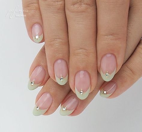 Light Green French Nails, French Tips With Rhinestones, Green French Nails, Green French Tips, Free Nails, Trendy Summer Nails, Green French, Trendy Nail Art Designs, Trendy Nail Art