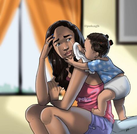 Baby wiping a mother's tears.  Shared from facebook. Poka Arts, All Jokes, Black Love Art, Black Cartoon, Simple Illustration, African American Art, Black Love, Family Love, Hush Hush