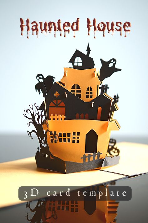 Make a Haunted House pop-up card with our 3D haunted house card template. This card will be an impressive gift for your friends, and family on the Halloween holiday | #papersoul #papersoulcraft #popup #homemade #happyhalloween #cardmaking #3dcard #template #svgfiles #forcricut #forhalloween Pop Up Christmas Cards, Tarjetas Pop Up, Pop Up Card Templates, Holiday Pops, Card Svg, Spooky House, Papercraft Templates, Halloween Day, Homemade Halloween