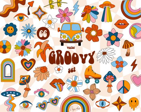 Groovy 70s Aesthetic, 70s Art Style, Hippy Designs, Groovy Pictures, 70s Graphics, Retro Drawings, 70s Illustration, Art Peaceful, Retro Clipart