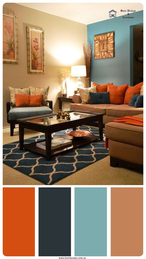 Teal Orange And Gray Living Room, Gray Orange Navy Living Room, Color Palette With Brown Furniture, Fall Color Schemes Living Room, Autumn Color Palette Interior Design, Burnt Orange Living Room Color Combinations Colour Palettes, Burnt Orange Color Scheme Living Room, Dark Blue And Orange Living Room, Autumn Color Palette Home Decor