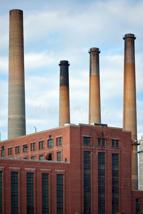 Dirty Factory Smoke Stacks. Over an old brick building , #AFFILIATE, #Smoke, #Factory, #Dirty, #building, #brick #ad Old Brick Building, Factory Exterior, Factory Architecture, Facade Architecture Design, Building Images, Building Front, Industrial Factory, Watercolor Architecture, Factory Building