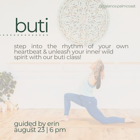 🌸✨ Step into the rhythm of your own heartbeat and unleash your inner wild spirit with our Buti Yoga class! 🌿💃 Buti Yoga is not just a workout – it's a dynamic and energizing class that combines yoga, tribal dance, and plyometrics designed to increase strength, flexibility, and confidence. Get ready to let loose, shake off stress, and tap into your body's natural flow as you move through a sequence designed to sculpt and tone every inch of your being. 🌟💪 Embrace the freedom to express yoursel... Buti Yoga, Shake Off, Wild Spirit, Yoga Is, Shake It Off, A Workout, Yoga Class, In A Heartbeat, Tap