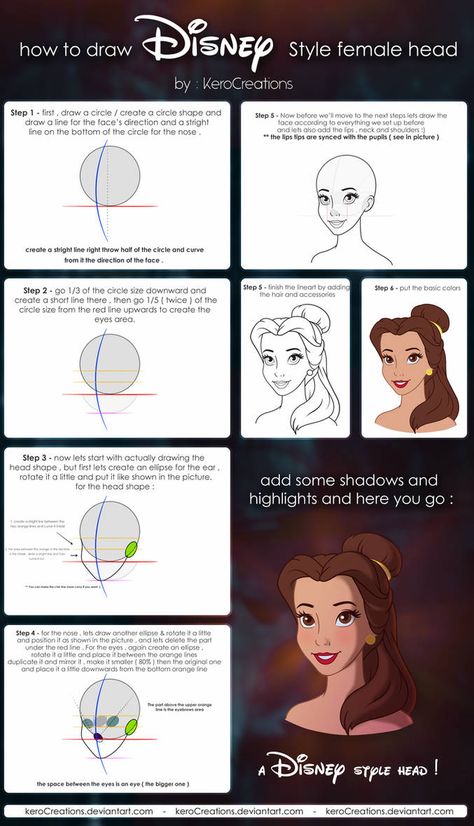 TUTORIAL : draw a Disney style female head ! by KeroCreations on DeviantArt Drawing Ideas Princesses, Drawing Ideas Cartoon Characters, Cartoon Proportions, Shadow Castle, Cartoon Characters Disney, Drawing Ideas Cartoon, How To Draw Disney, Princess Items, Disney Style Drawing