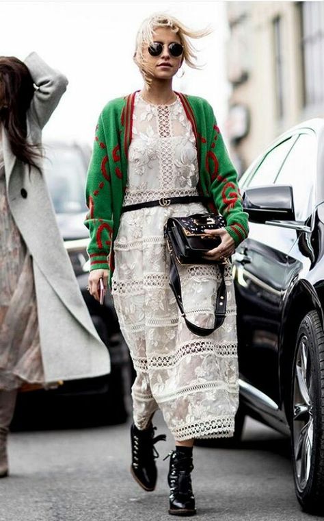 White Lace Midi Dress, Mode Hippie, New York Fashion Week Street Style, Street Dress, Dress Boots, Looks Street Style, Style Inspiration Summer, Layering Outfits, Ootd Style