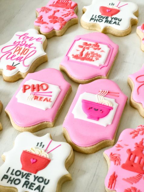 supper club love you pho real galentines day cookies Pho Birthday Party, Pho Themed Party, Pho Party, Engagement Party Planning, Vietnamese Soup, Pho Recipe, Party Drinks Alcohol, Fun Party Themes, Galentines Party