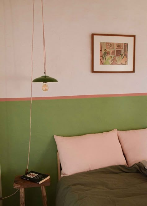 Paint Ideas : 10 Room Ideas That Will Convince You To Split Your Walls Into Two Colors | Oh Decor Pink Bedding Green Walls, Living Room Half Wall Paint, Green Half Wall Paint, Painted Half Wall Bedroom, Green And Pink Hallway, Wall Painting Colour Ideas, Colorful Living Room Paint Ideas, Split Colour Walls, One Painted Wall Bedroom