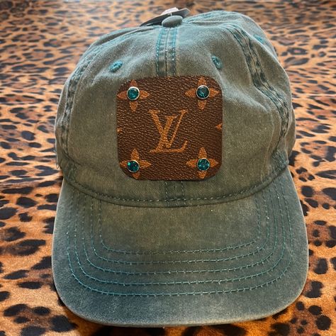 Vintage Turquoise Colored Baseball Hat With Crystal Turquoise Rivets And A Patch From An Old Purse I Repurposed. Smoke Free Home. Crystal Turquoise, Hat Hanger, Homecoming Outfits, Hat Ideas, Louis Vuitton Accessories, Vintage Turquoise, Turquoise Color, Baseball Hat, Rivets