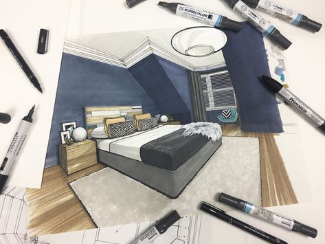 Interior design rendering of master bedroom using pro marker. Interior Architecture Sketch, Interior Sketches, Interior Design Sketchbook, Furniture Design Sketches, Interior Design Renderings, Drawing Interior, Interior Architecture Drawing, Interior Design Drawings, Interior Design Sketches