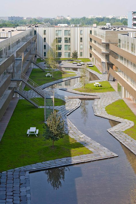 NL Architects Completes De Kameleon (Photo: Marcel van der Burg) | Bustler City Courtyard, Urban Housing, Urban Landscape Design, Landscape Architecture Design, Social Housing, Urban Architecture, Design Exterior, Amsterdam Netherlands, Urban Spaces