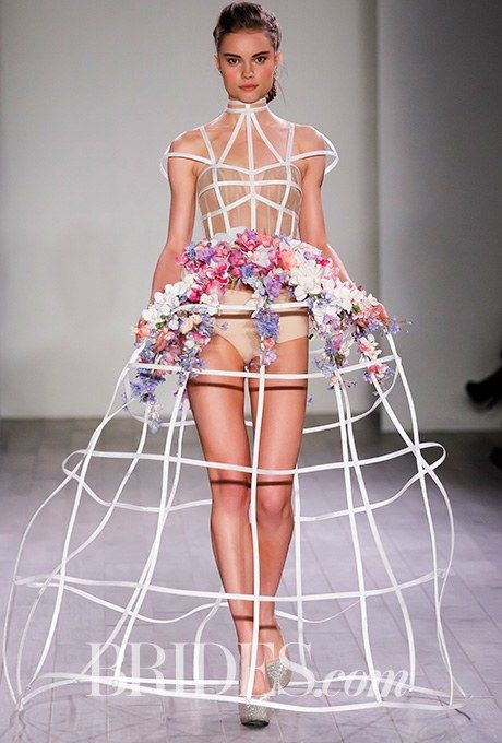 "Xanadu" lattice hoop skirt ball gown with structural framework and hand-crafted silk flowers, Hayley Paige Hoop Skirt Fashion, 3d Skirt, Structure Fashion, Fashion Structure, Bridal Runway, Skirt Wedding Dress, Hayley Paige Wedding Dress, Structural Fashion, Flowers Fashion