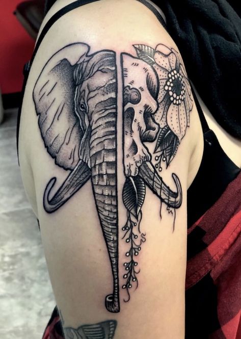 My new elephant skull tattoo, done at Bloodline Tattoos in Shreveport, LA Elephant Skull Tattoo Design, Skeleton Elephant Tattoo, Gothic Elephant Tattoo, Elephant Knee Tattoo, Dark Elephant Tattoo, Elephant Skull Drawing, Elephant Skull Tattoo, Moments Mori, Elephant Tattoos Men