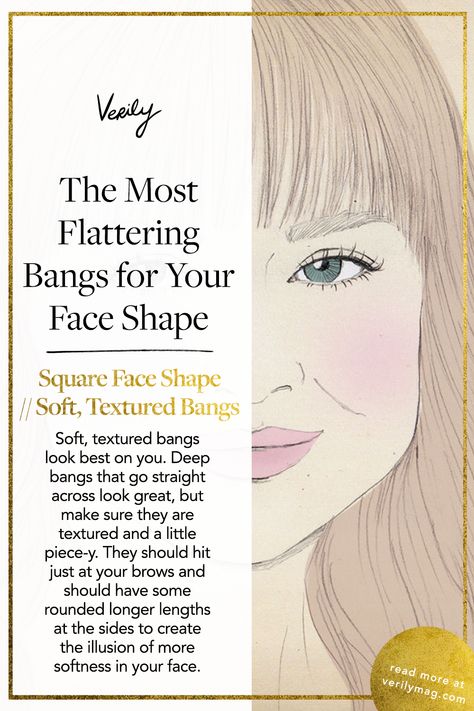 How To Tell What Shape Your Face Is, Bangs With Medium Hair Square Face, Wolf Haircut Square Face, Bang Length Face Shapes, Best Bangs For Square Face Shape, Bangs For Face Type, Fringes For Square Faces, Long Hair Bangs Square Face, Long Layers Square Face