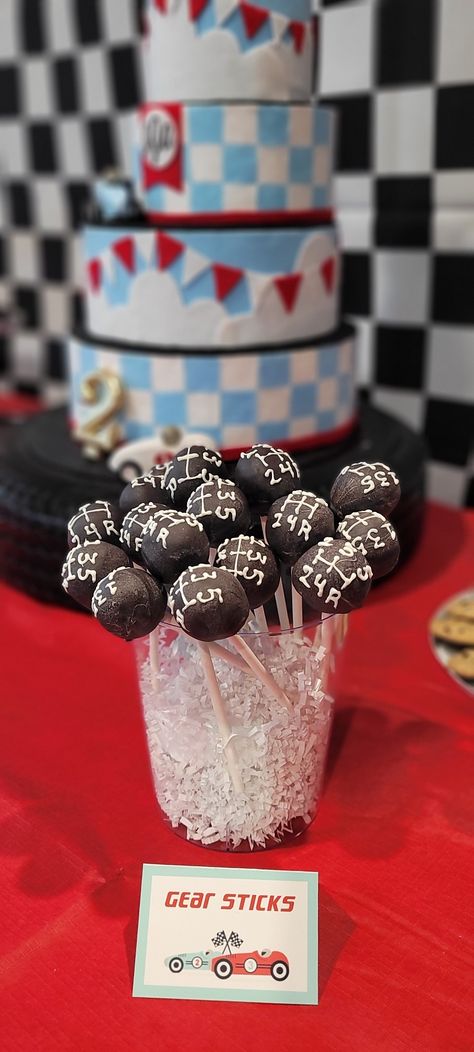 Race Car Birthday Dessert Table, Fast One Birthday Food Ideas, Disney Cars Dessert Table, Race Car Desserts, Racing Theme Cake, Car Cake Pops, Race Car Cupcakes, Donut Pops, Cars Cake Pops