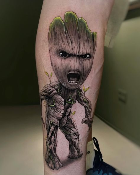 Nm Tattoo, Baby Groot Tattoo, Groot Tattoo, Geometric Tattoo Leg, Rocket Tattoo, Tattoo Disney, Sticker Tattoo, Tattoo Leg, Temecula California